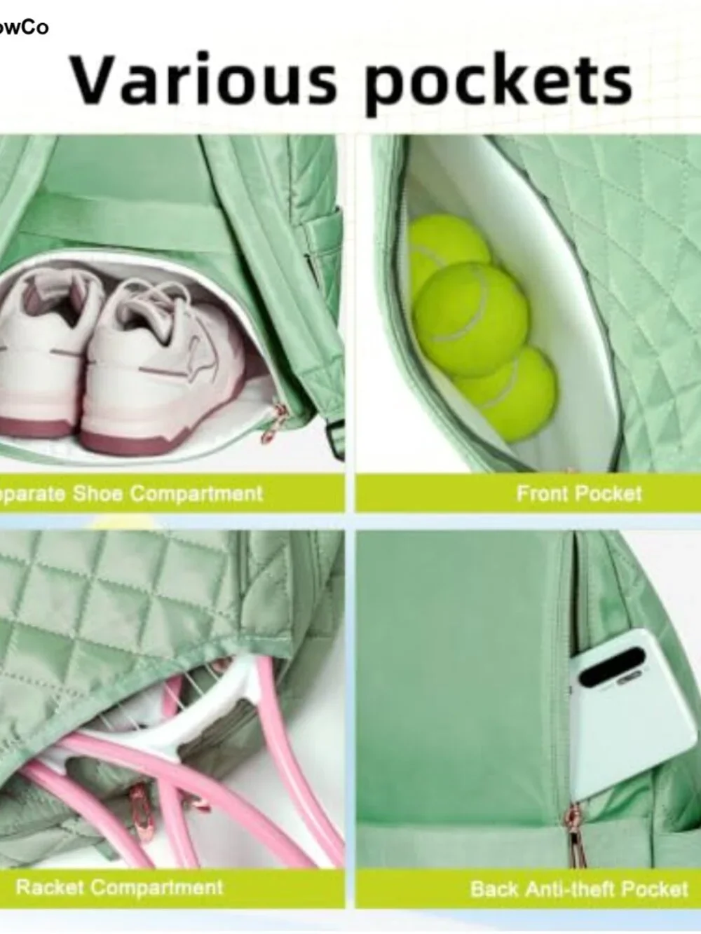 Water-Resistant Tennis Backpack Racket Bag for Women with Shoe Compartment